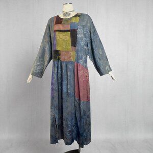Vintage Kusnadi Long Sleeve Rayon Patchwork Tunic Dress Art to Wear Pockets L XL